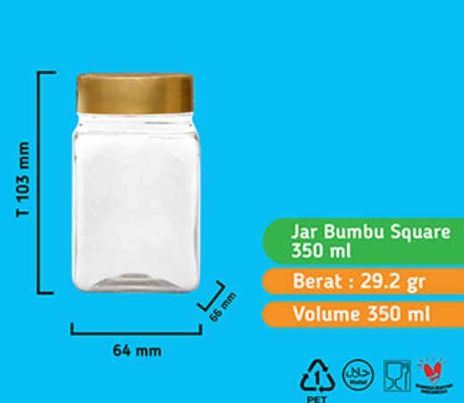 TOPLES JAR BUMBU SQUARE 350 ML + PLUG + TUTUP D60 GOLD