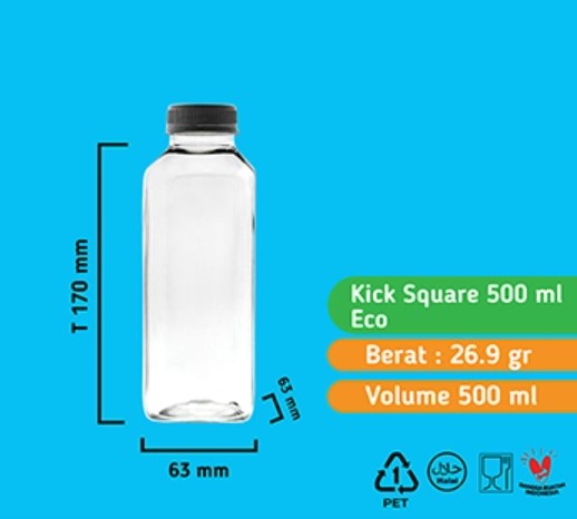 Botol Kick square 500ml Eco (TANPA TUTUP)